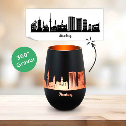 SEO. Deko Windlicht aus Glas mit Gravur - Skyline Hamburg - Schwarz - Bronze Linkreich