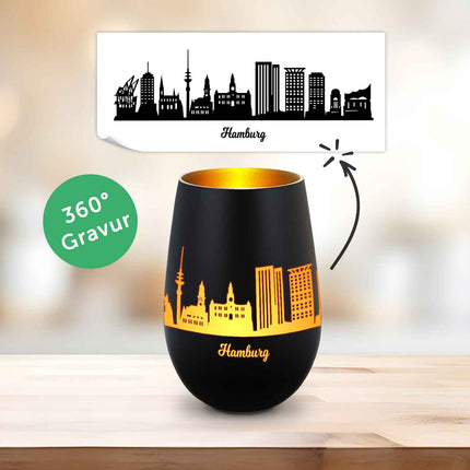 SEO. Deko Windlicht aus Glas mit Gravur - Skyline Hamburg - Schwarz - Gold Linkreich