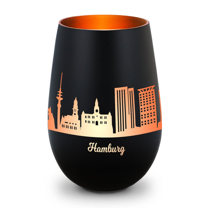 SEO. Deko Windlicht aus Glas mit Gravur - Skyline Hamburg - Schwarz - Bronze Linkreich