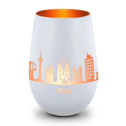 SEO. Deko Windlicht aus Glas mit Gravur - Skyline Köln - Weiß - Bronze Linkreich