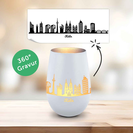 SEO. Deko Windlicht aus Glas mit Gravur - Skyline Köln - Weiß - Silber Linkreich