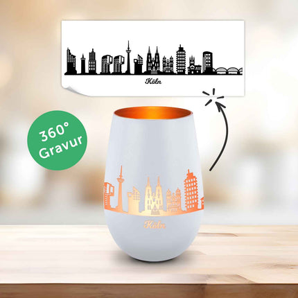 SEO. Deko Windlicht aus Glas mit Gravur - Skyline Köln - Weiß - Bronze Linkreich