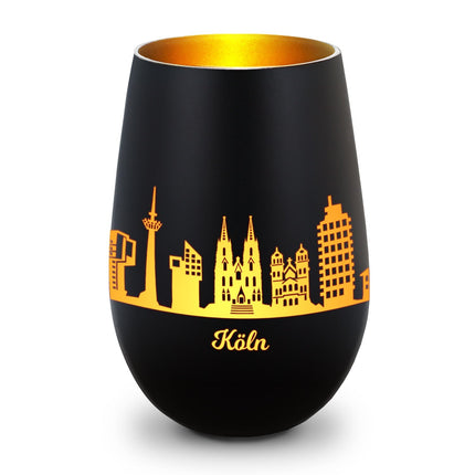 SEO. Deko Windlicht aus Glas mit Gravur - Skyline Köln - Schwarz - Gold Linkreich