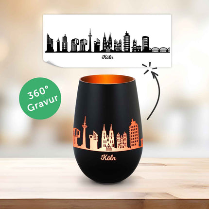 SEO. Deko Windlicht aus Glas mit Gravur - Skyline Köln - Schwarz - Bronze Linkreich