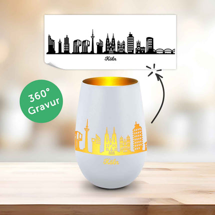 SEO. Deko Windlicht aus Glas mit Gravur - Skyline Köln - Weiß - Gold Linkreich