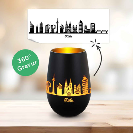 SEO. Deko Windlicht aus Glas mit Gravur - Skyline Köln - Schwarz - Gold Linkreich