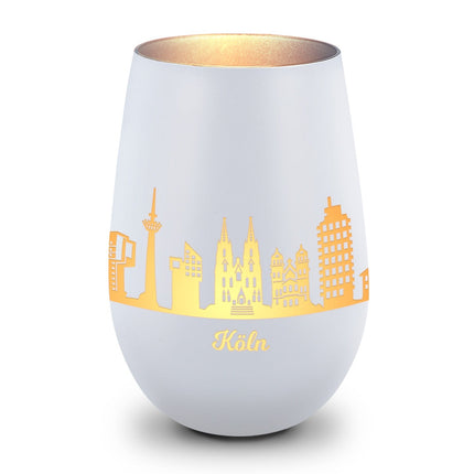 SEO. Deko Windlicht aus Glas mit Gravur - Skyline Köln - Weiß - Silber Linkreich