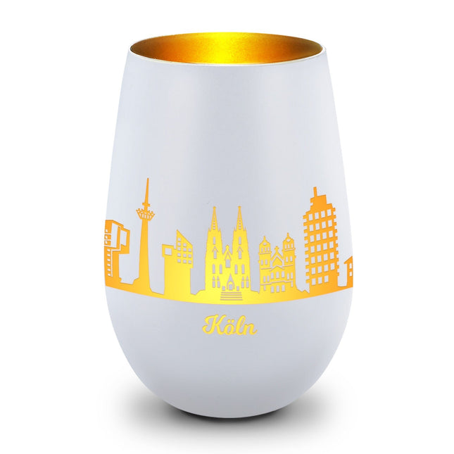 SEO. Deko Windlicht aus Glas mit Gravur - Skyline Köln - Weiß - Gold Linkreich
