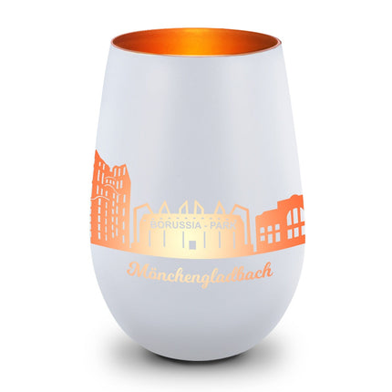 SEO. Deko Windlicht aus Glas mit Gravur - Skyline Mönchengladbach - Weiß - Bronze Linkreich