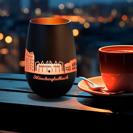 SEO. Deko Windlicht aus Glas mit Gravur - Skyline Mönchengladbach - Schwarz - Gold Linkreich