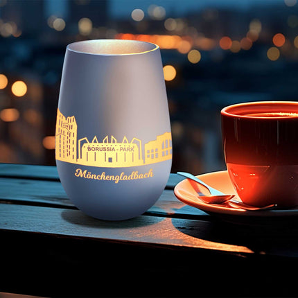 SEO. Deko Windlicht aus Glas mit Gravur - Skyline Mönchengladbach - Weiß - Silber Linkreich