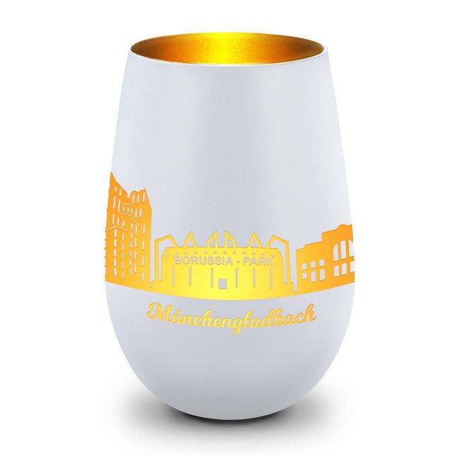 SEO. Deko Windlicht aus Glas mit Gravur - Skyline Mönchengladbach - Weiß - Gold Linkreich