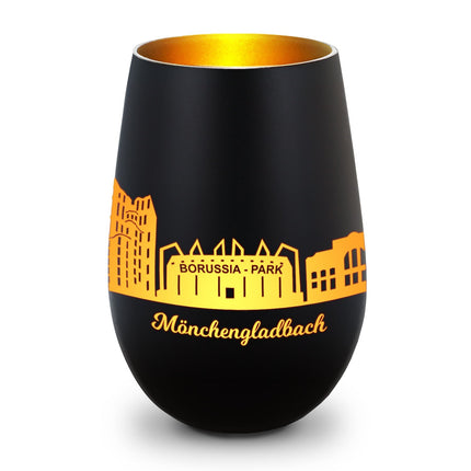 SEO. Deko Windlicht aus Glas mit Gravur - Skyline Mönchengladbach - Schwarz - Gold Linkreich
