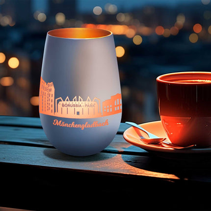 SEO. Deko Windlicht aus Glas mit Gravur - Skyline Mönchengladbach - Weiß - Bronze Linkreich