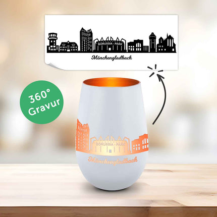 SEO. Deko Windlicht aus Glas mit Gravur - Skyline Mönchengladbach - Weiß - Bronze Linkreich