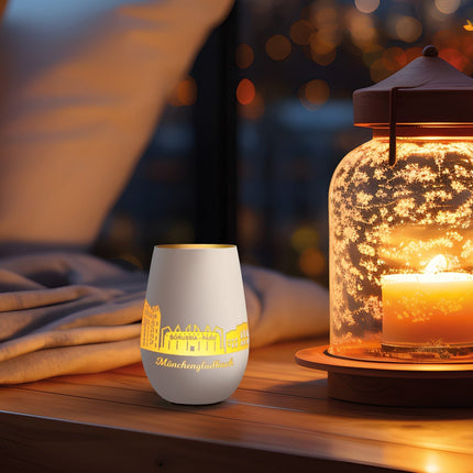 SEO. Deko Windlicht aus Glas mit Gravur - Skyline Mönchengladbach - Weiß - Gold Linkreich