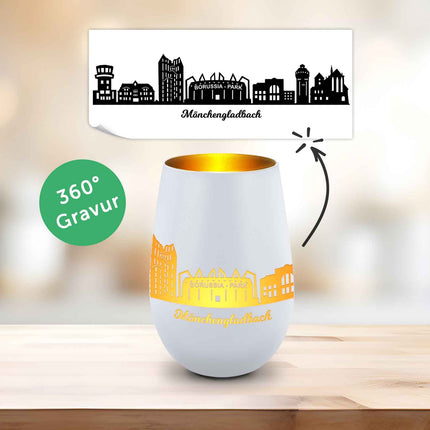 SEO. Deko Windlicht aus Glas mit Gravur - Skyline Mönchengladbach - Weiß - Gold Linkreich