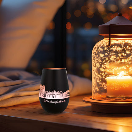 SEO. Deko Windlicht aus Glas mit Gravur - Skyline Mönchengladbach - Schwarz - Gold Linkreich