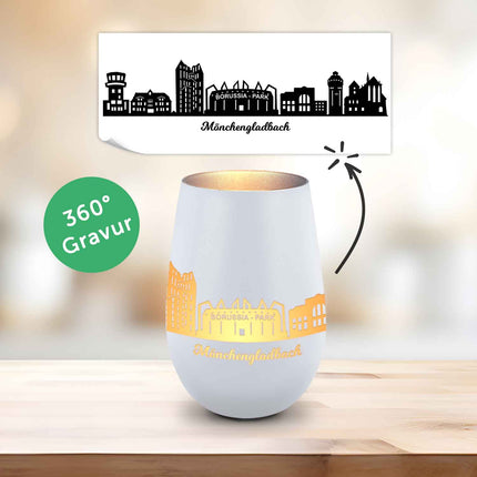 SEO. Deko Windlicht aus Glas mit Gravur - Skyline Mönchengladbach - Weiß - Silber Linkreich