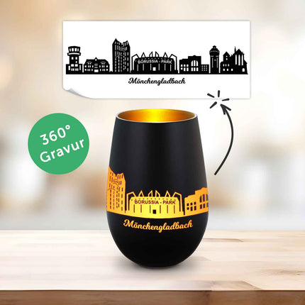 SEO. Deko Windlicht aus Glas mit Gravur - Skyline Mönchengladbach - Schwarz - Gold Linkreich