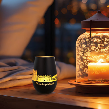SEO. Deko Windlicht aus Glas mit Gravur - Skyline Mönchengladbach - Schwarz - Gold Linkreich