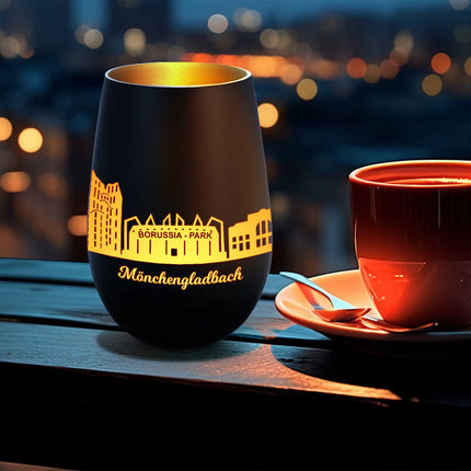 SEO. Deko Windlicht aus Glas mit Gravur - Skyline Mönchengladbach - Schwarz - Gold Linkreich