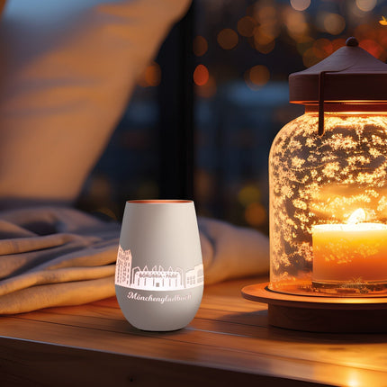 SEO. Deko Windlicht aus Glas mit Gravur - Skyline Mönchengladbach - Weiß - Bronze Linkreich