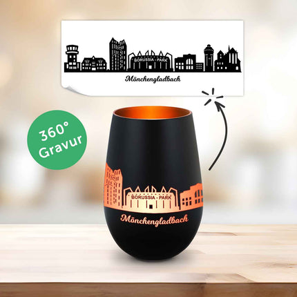 SEO. Deko Windlicht aus Glas mit Gravur - Skyline Mönchengladbach - Schwarz - Bronze Linkreich