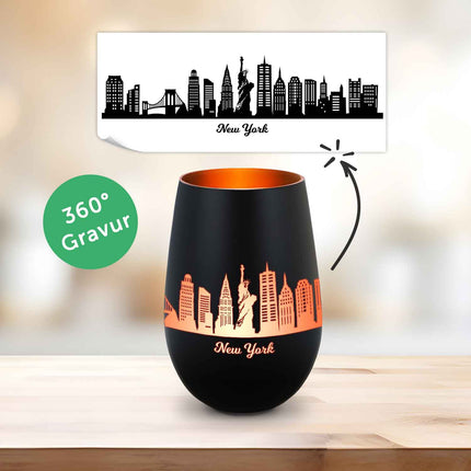SEO. Deko Windlicht aus Glas mit Gravur - Skyline New York - Schwarz - Bronze Linkreich