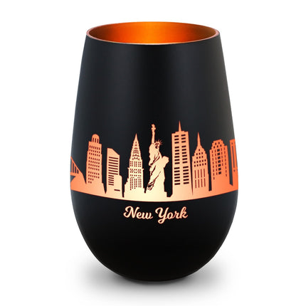 SEO. Deko Windlicht aus Glas mit Gravur - Skyline New York - Schwarz - Bronze Linkreich