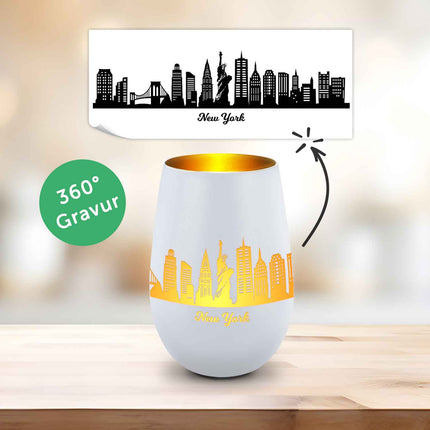 SEO. Deko Windlicht aus Glas mit Gravur - Skyline New York - Weiß - Gold Linkreich