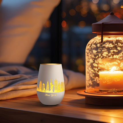 SEO. Deko Windlicht aus Glas mit Gravur - Skyline New York - Weiß - Gold Linkreich