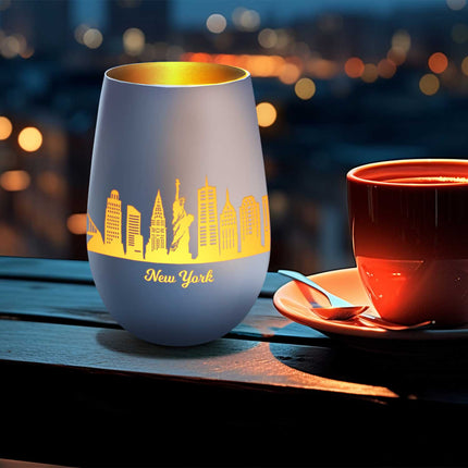 SEO. Deko Windlicht aus Glas mit Gravur - Skyline New York - Weiß - Gold Linkreich
