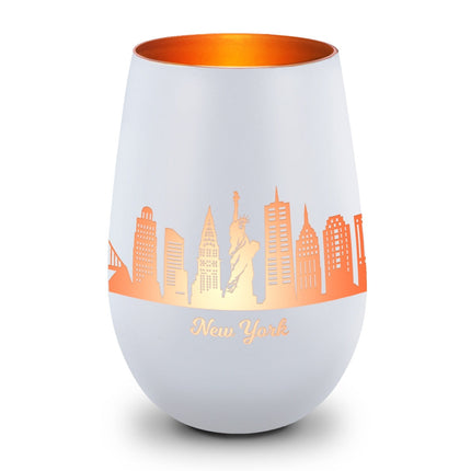 SEO. Deko Windlicht aus Glas mit Gravur - Skyline New York - Weiß - Bronze Linkreich