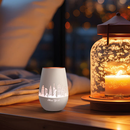 SEO. Deko Windlicht aus Glas mit Gravur - Skyline New York - Weiß - Bronze Linkreich