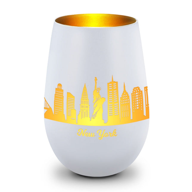 SEO. Deko Windlicht aus Glas mit Gravur - Skyline New York - Weiß - Gold Linkreich