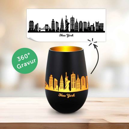 SEO. Deko Windlicht aus Glas mit Gravur - Skyline New York - Schwarz - Gold Linkreich