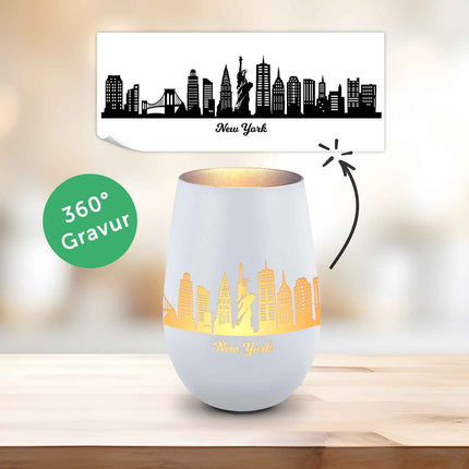 SEO. Deko Windlicht aus Glas mit Gravur - Skyline New York - Weiß - Silber Linkreich
