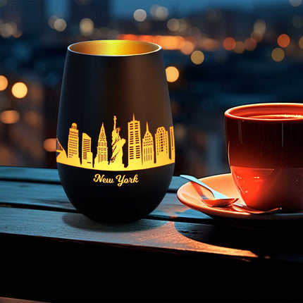 SEO. Deko Windlicht aus Glas mit Gravur - Skyline New York - Schwarz - Gold Linkreich