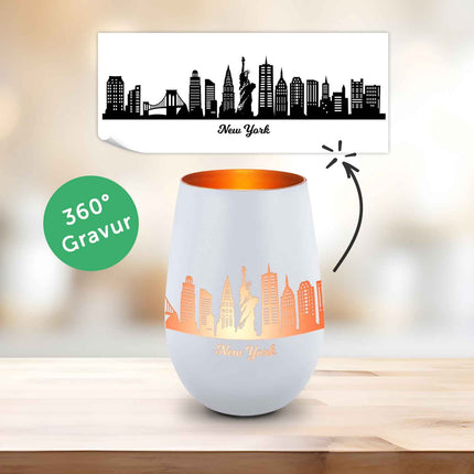 SEO. Deko Windlicht aus Glas mit Gravur - Skyline New York - Weiß - Bronze Linkreich