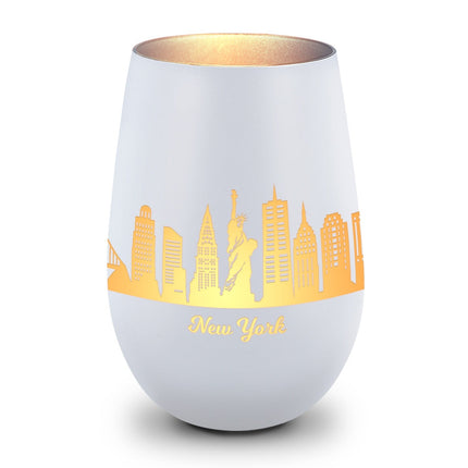 SEO. Deko Windlicht aus Glas mit Gravur - Skyline New York - Weiß - Silber Linkreich