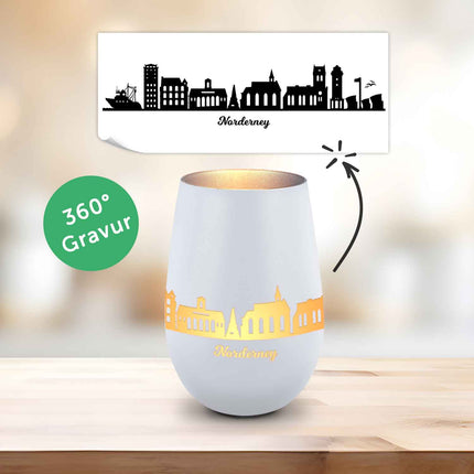SEO. Deko Windlicht aus Glas mit Gravur - Skyline Norderney - Weiß - Silber Linkreich