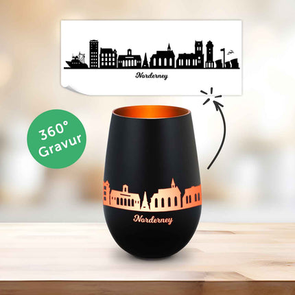 SEO. Deko Windlicht aus Glas mit Gravur - Skyline Norderney - Schwarz - Bronze Linkreich
