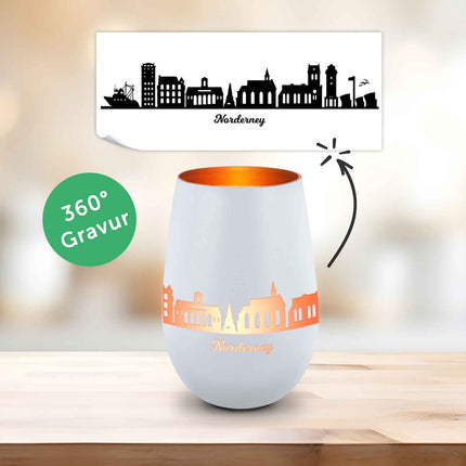 SEO. Deko Windlicht aus Glas mit Gravur - Skyline Norderney - Weiß - Bronze Linkreich