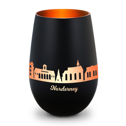 SEO. Deko Windlicht aus Glas mit Gravur - Skyline Norderney - Schwarz - Bronze Linkreich