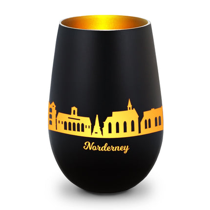 SEO. Deko Windlicht aus Glas mit Gravur - Skyline Norderney - Schwarz - Gold Linkreich