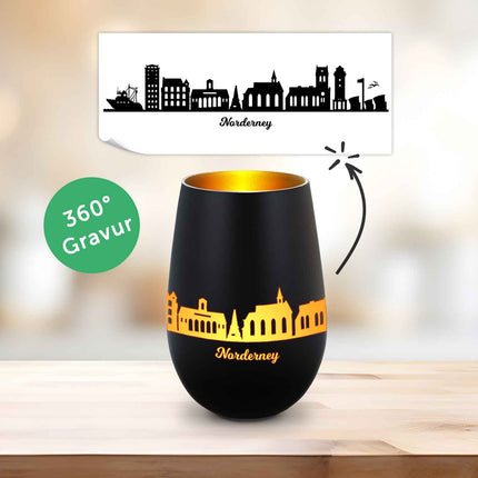 SEO. Deko Windlicht aus Glas mit Gravur - Skyline Norderney - Schwarz - Gold Linkreich