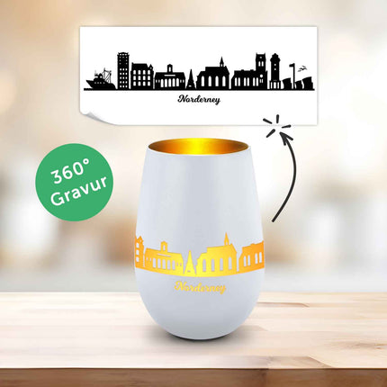 SEO. Deko Windlicht aus Glas mit Gravur - Skyline Norderney - Weiß - Gold Linkreich