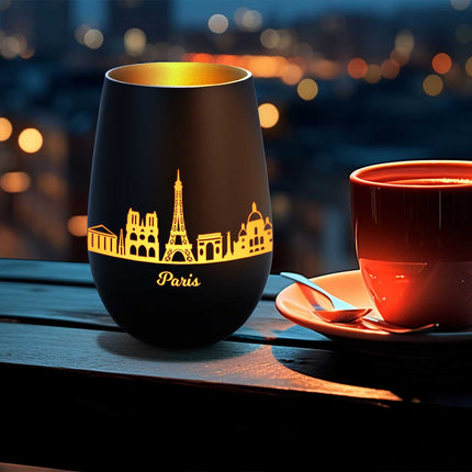 SEO. Deko Windlicht aus Glas mit Gravur - Skyline Paris - Schwarz - Gold Linkreich