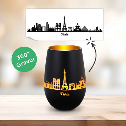 SEO. Deko Windlicht aus Glas mit Gravur - Skyline Paris - Schwarz - Gold Linkreich